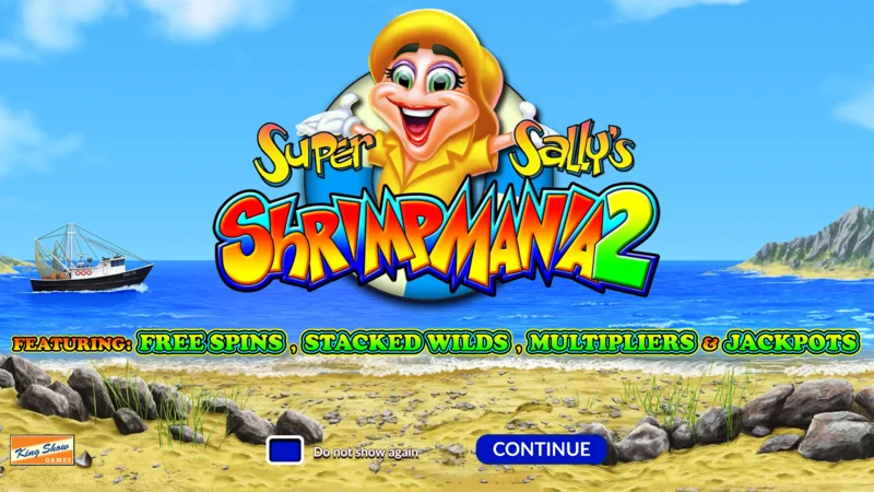 Super Sally's Shrimpmania 2 - écran principal avec une grille de rouleaux 5x4 et 40 lignes de paiement